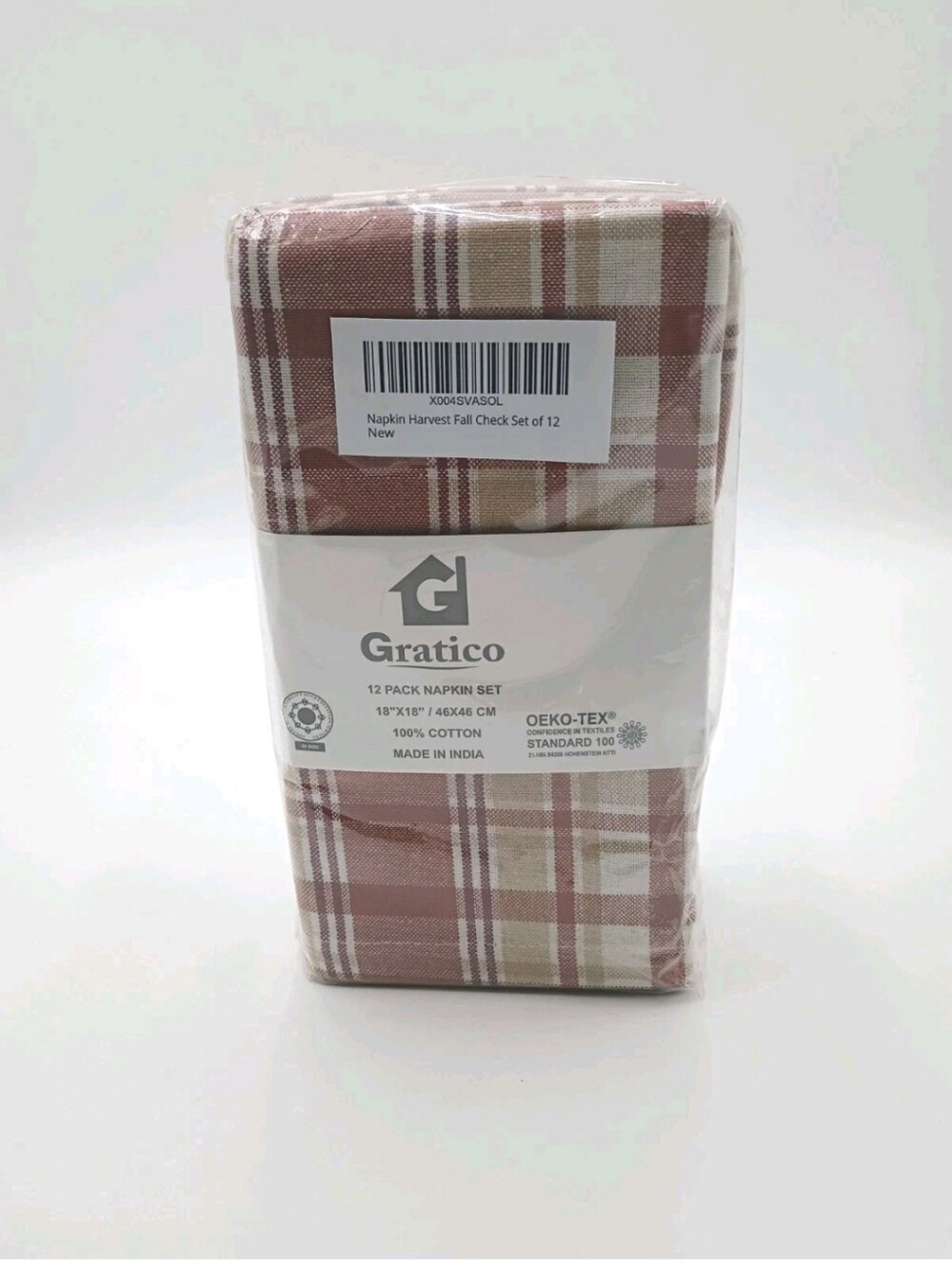 Gratico 12 Pack Napkin Harvest Set - 18" x 18" - 100% Cotton  Plaid. New.